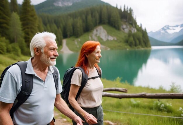 Foto un hombre y una mujer caminan junto a un lago