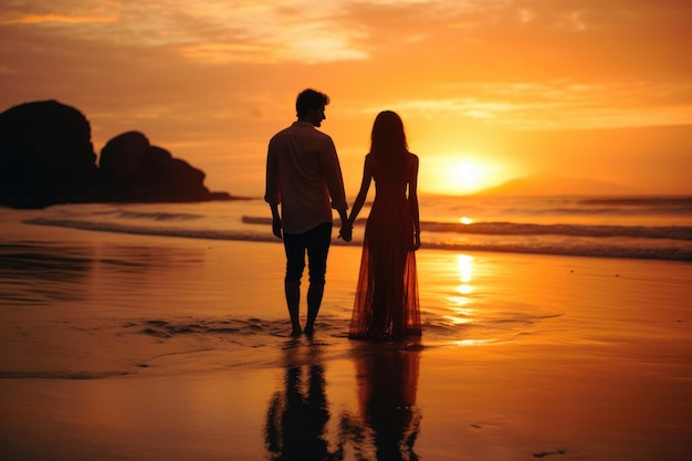 Foto un hombre y una mujer caminan de la mano en la playa de arena bañada por los tonos cálidos de una impresionante pareja al atardecer en la playa al atardecer ai generado