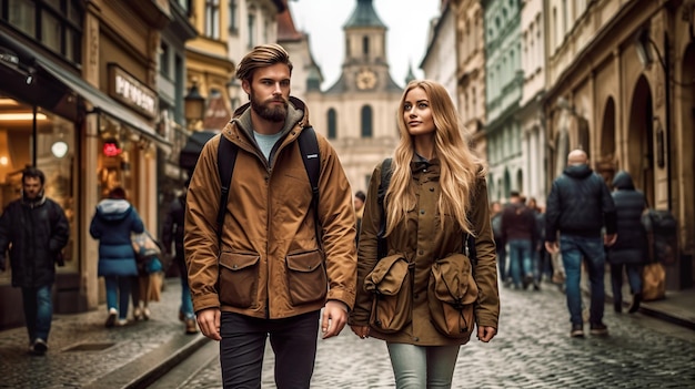 Un hombre y una mujer caminando por una calle adoquinada imagen generativa de ai