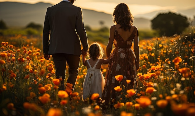 Hombre y mujer caminando por un campo de flores