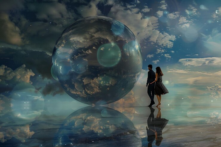 Hombre y mujer caminando por la playa con una gran esfera en el fondo