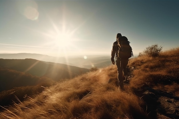 Un hombre y una mujer caminando por un sendero de montaña en las montañas.