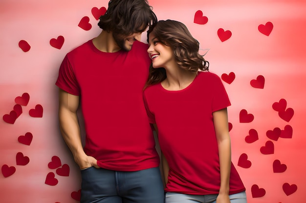 Foto hombre y mujer con camiseta roja en blanco pareja de san valentín maqueta de camisa roja