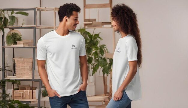 un hombre y una mujer con camisetas blancas con la palabra cita en el frente