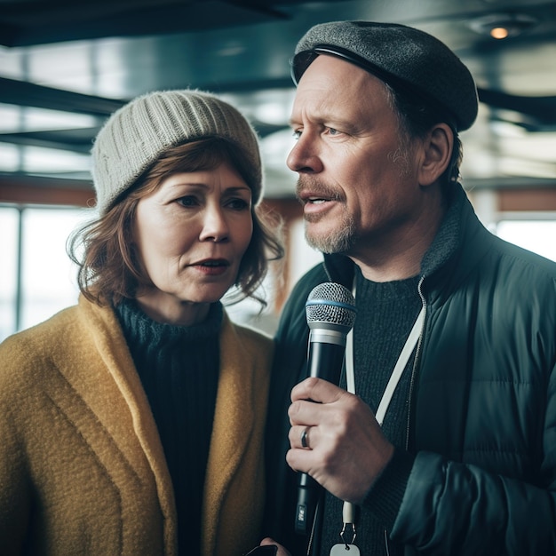 Un hombre y una mujer cantan en un micrófono frente a una ventana y el hombre lleva un sombrero.