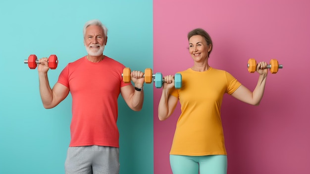 Hombre y mujer caucásicos mayores haciendo ejercicio con pesas