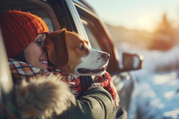 un hombre y una mujer en un coche con un perro