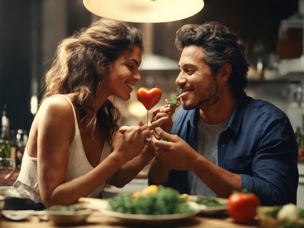 Foto un hombre y una mujer comiendo una ensalada juntos en una mesa con un plato de verduras