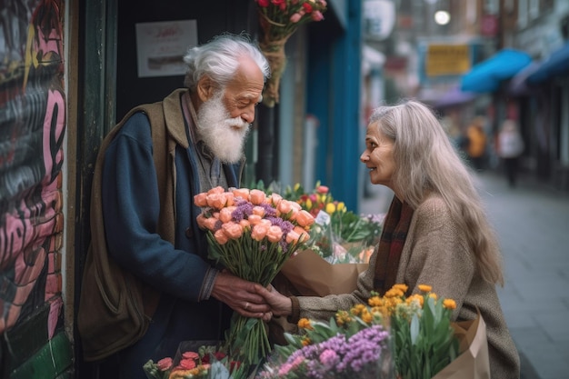 Un hombre y una mujer compran flores en una floristería.