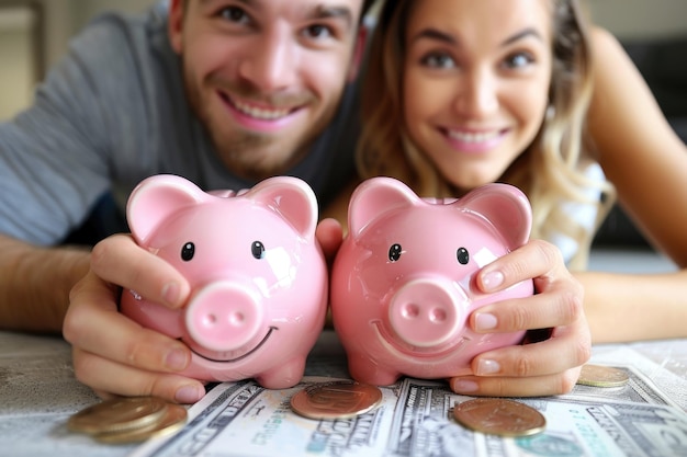 Un hombre y una mujer confiados y con expresiones de satisfacción sostienen alcantarillas rosas que simbolizan ahorrar dinero juntos como familia