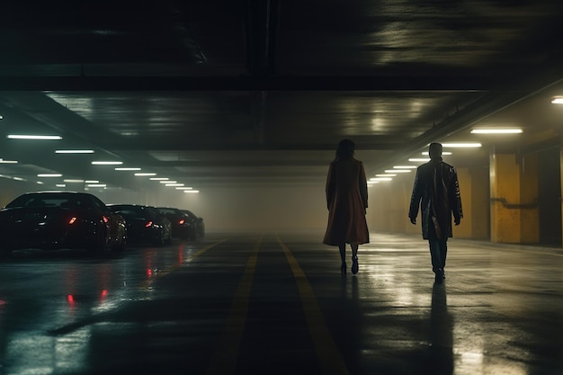 Foto un hombre y una mujer corren a través de un estacionamiento subterráneo, las luces de neón se reflejan en sus atuendos. la adrenalina de la persecución crea una experiencia intensa y emocionante. ia generativa.