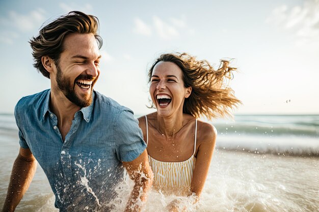 Foto un hombre y una mujer corriendo por el agua en el