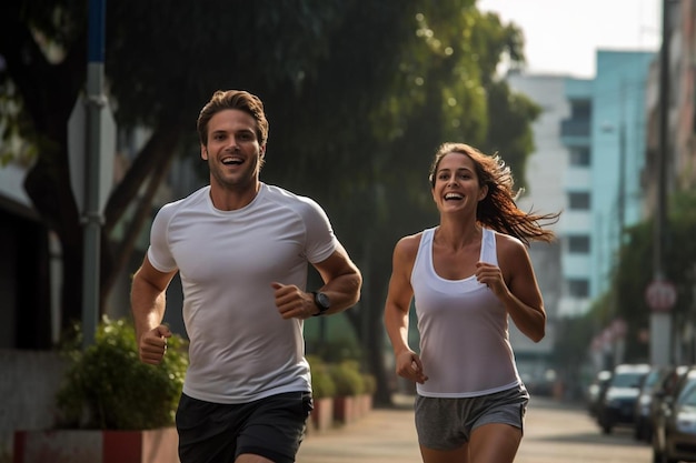 Foto un hombre y una mujer corriendo por una calle