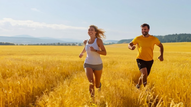 un hombre y una mujer corriendo en un campo con las palabras corredor en el lado