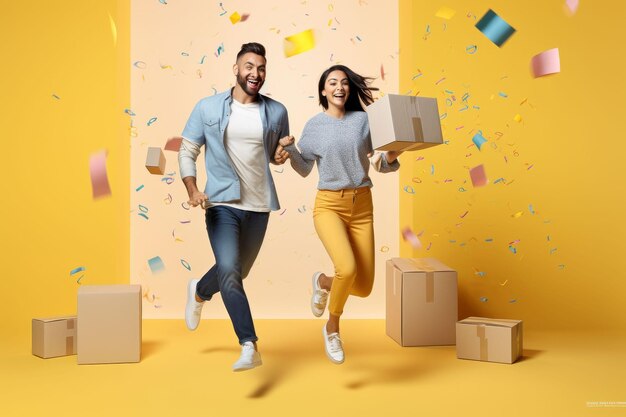 Foto hombre y mujer corriendo por la habitación con cajas