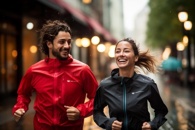 un hombre y una mujer corriendo bajo la lluvia