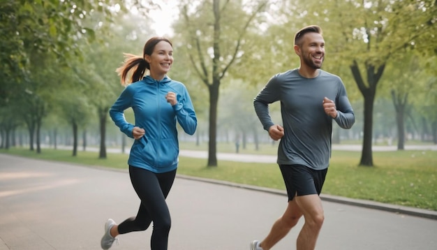 un hombre y una mujer corriendo en un parque con árboles en el fondo