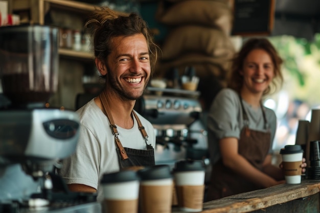 Un hombre y una mujer detrás de un café