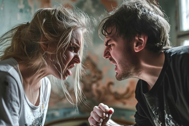 Foto un hombre y una mujer discutiendo gritando el uno al otro