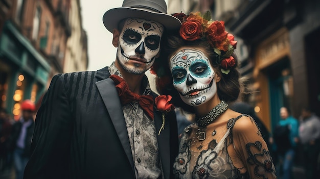 Un hombre y una mujer disfrazados del día de muertos.