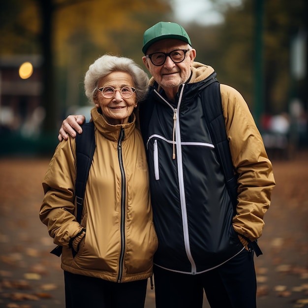 Un hombre y una mujer de edad avanzada en ropa deportiva caminando en el retrato activo del bosque de otoño