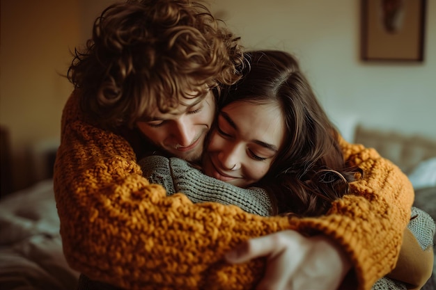 Foto un hombre y una mujer enamorados se abrazan en la cama