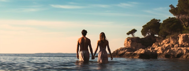 Hombre y mujer enamorados en una playa tropical pareja de IA generativa