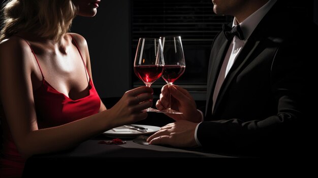 Foto un hombre y una mujer en un entorno romántico brindando con vasos de vino rojo en una cena a la luz de las velas