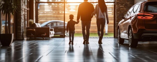 Un hombre y una mujer entrando en un edificio con un niño