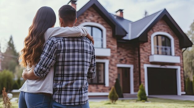 un hombre y una mujer se están abrazando frente a una casa