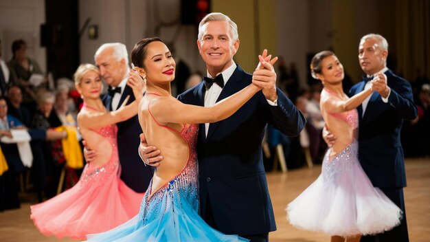 Foto un hombre y una mujer están bailando frente a un grupo de bailarines