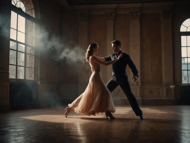 un hombre y una mujer están bailando en una habitación con humo saliendo de ellos