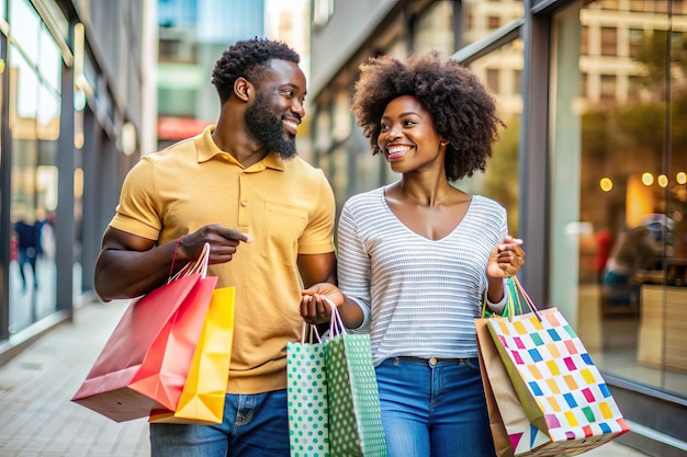 un hombre y una mujer están caminando con bolsas de compras