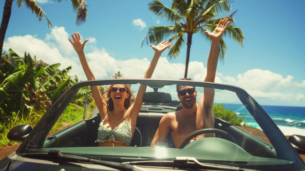 Foto un hombre y una mujer están conduciendo en un coche descapotable en un día soleado