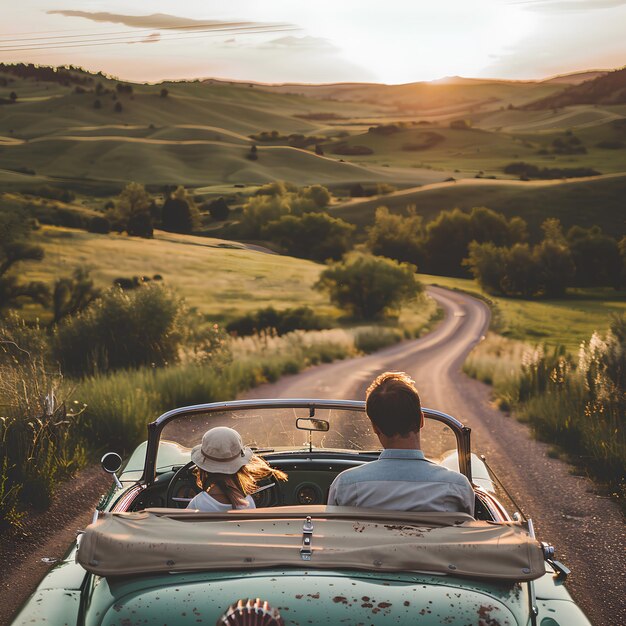 Foto un hombre y una mujer están conduciendo un descapotable en una carretera del país