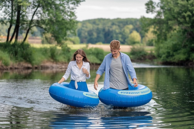un hombre y una mujer están flotando en una balsa inflable que dice "nunca tengas un paseo"