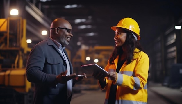 un hombre y una mujer están hablando frente a un sitio de construcción