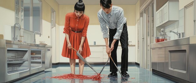 un hombre y una mujer están limpiando un piso con una espátula
