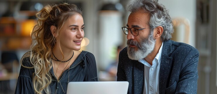 un hombre y una mujer están mirando una computadora portátil en el trabajo