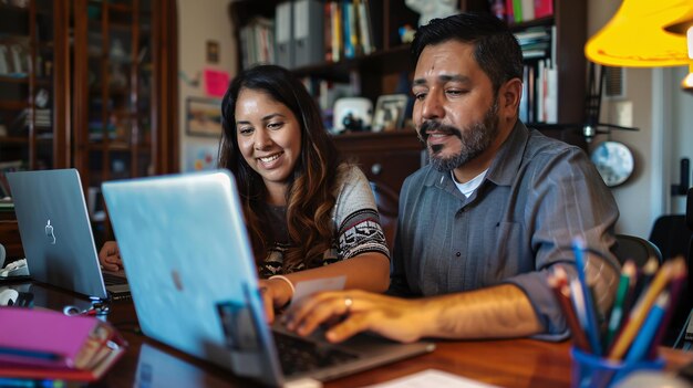 un hombre y una mujer están mirando una computadora portátil