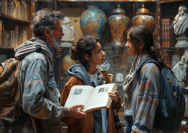 Foto un hombre y una mujer están mirando un libro que dice tierra