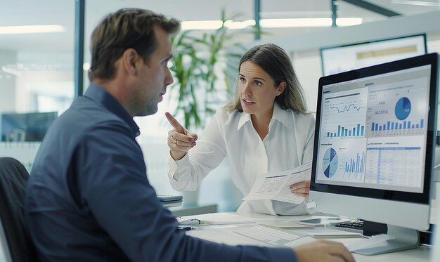 un hombre y una mujer están mirando una pantalla de computadora con las palabras gráfico gráfico en él