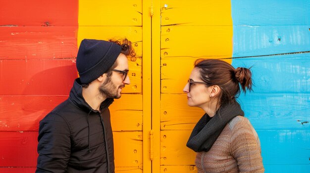 Foto un hombre y una mujer están mirando una pared con una puerta amarilla