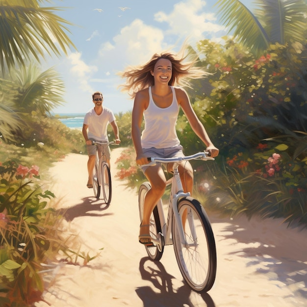 Un hombre y una mujer están montando bicicletas en un camino hacia una playa tropical de arena blanca