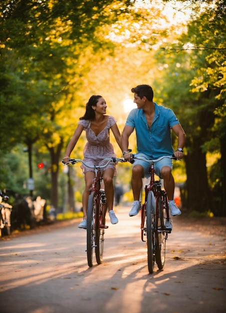 un hombre y una mujer están montando bicicletas con el sol detrás de ellos