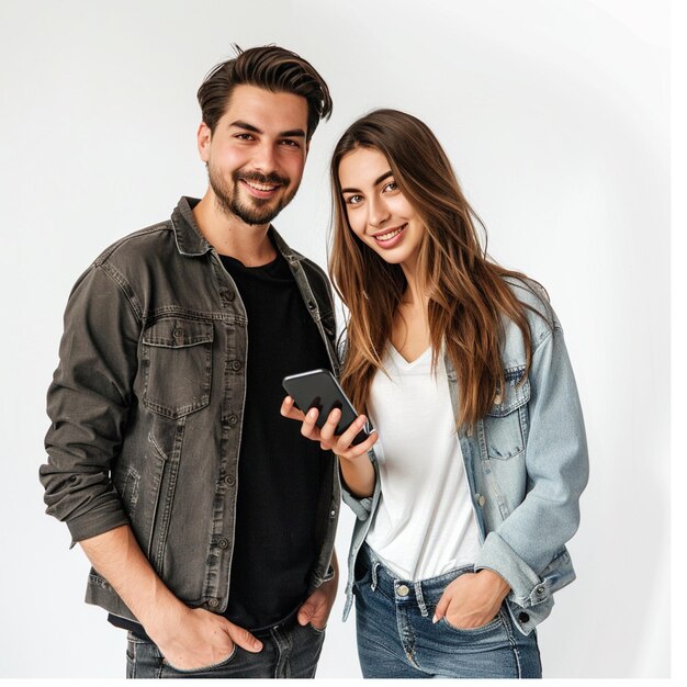 Foto un hombre y una mujer están de pie uno al lado del otro y uno de ellos tiene un teléfono