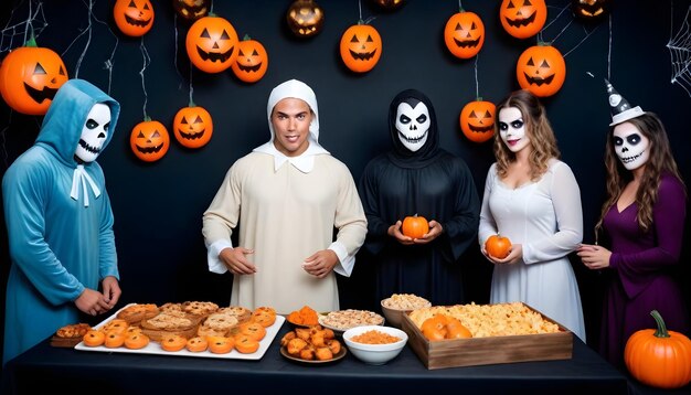 un hombre y una mujer están de pie frente a una mesa con calabazas y calabazas