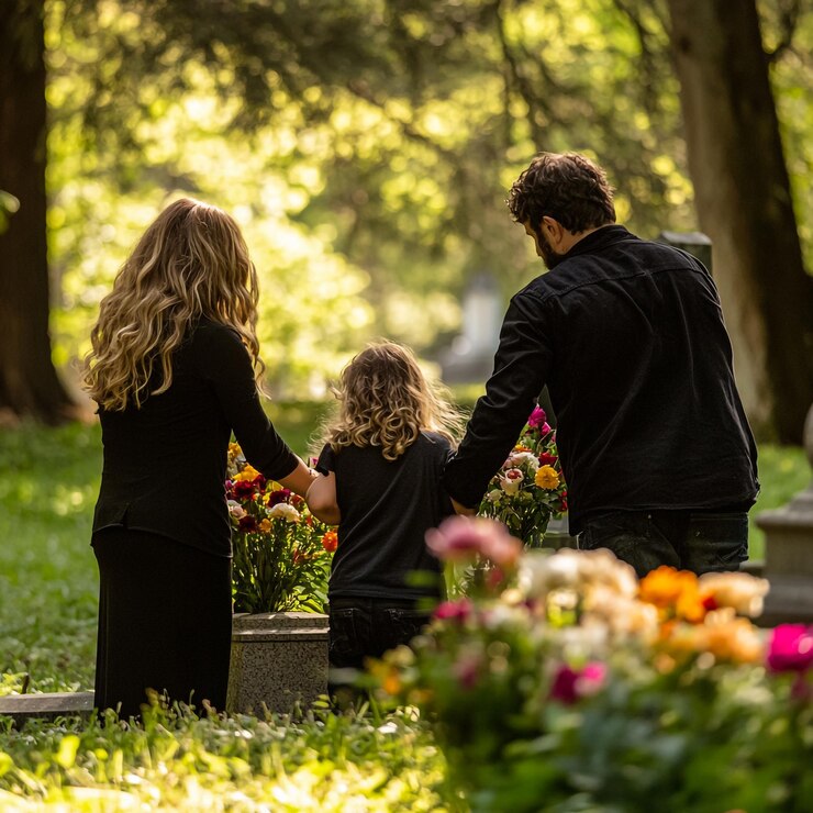 un hombre y una mujer están de pie en un parque con flores y un niño tomados de la mano