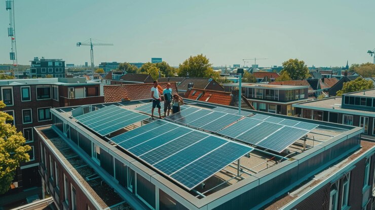 Un hombre y una mujer están de pie en un techo con paneles solares