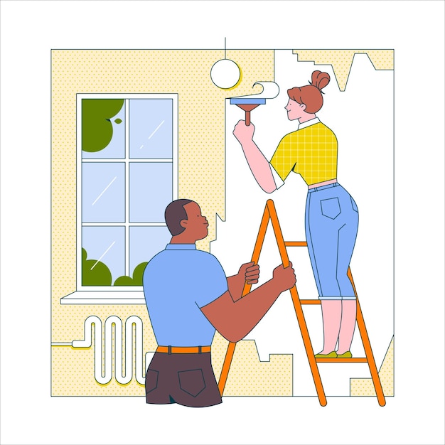 Hombre y mujer están pintando la pared de la casa Ilustración vectorial